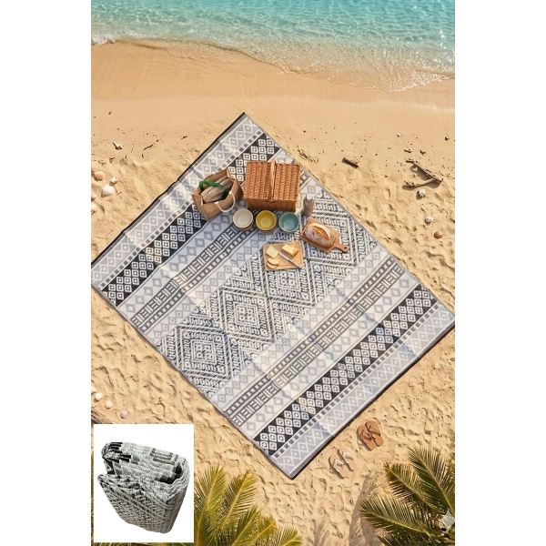 XL 10 - 12 Kişilik Plastik Hasır Halı Katlanabilir Çift Taraflı Yıkanabilir Plaj Kamp Piknik Karavan Halısı Kilim