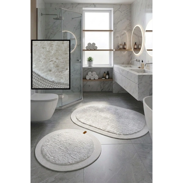 2’li Post Banyo Paspas Seti Kaymaz Taban Yıkanabilir Peluş Jüt Kenar Detaylı Oval Yuvarlak 100x60 60x60 Kilim Halı