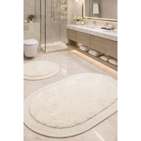 2’li Post Banyo Paspas Seti Kaymaz Taban Yıkanabilir Peluş Jüt Kenar Detaylı Oval Yuvarlak 100x60 60x60 Kilim Halı
