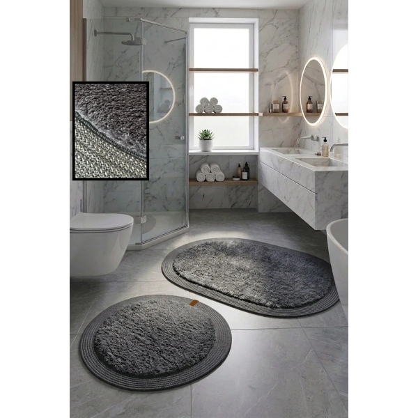2’li Post Banyo Paspas Seti Kaymaz Taban Yıkanabilir Peluş Jüt Kenar Detaylı Oval Yuvarlak 100x60 60x60 Kilim Halı