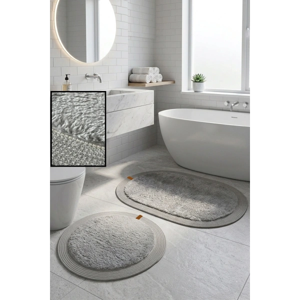 2’li Post Banyo Paspas Seti Kaymaz Taban Yıkanabilir Peluş Jüt Kenar Detaylı Oval Yuvarlak 100x60 60x60 Kilim Halı