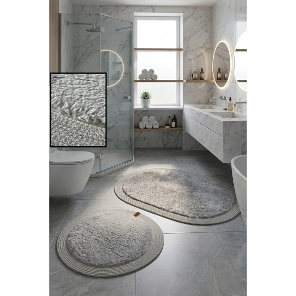 2’li Post Banyo Paspas Seti Kaymaz Taban Yıkanabilir Peluş Jüt Kenar Detaylı Oval Yuvarlak 100x60 60x60 Kilim Halı