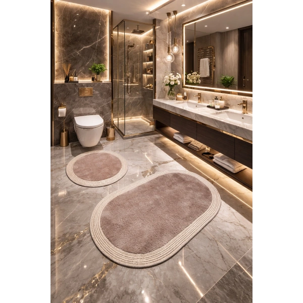 2’li Post Banyo Paspas Seti Kaymaz Taban Yıkanabilir Peluş Jüt Kenar Detaylı Oval Yuvarlak 100x60 60x60 Kilim Halı
