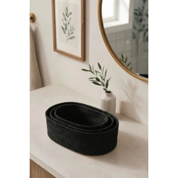 3 Lü Sepet El Dokuma Sunum Organizer Oval Jüt Hasır Sepet Seti Banyo Düzenleyicisi Takı Kutusu Dolap Düzenleme Yatak Odası