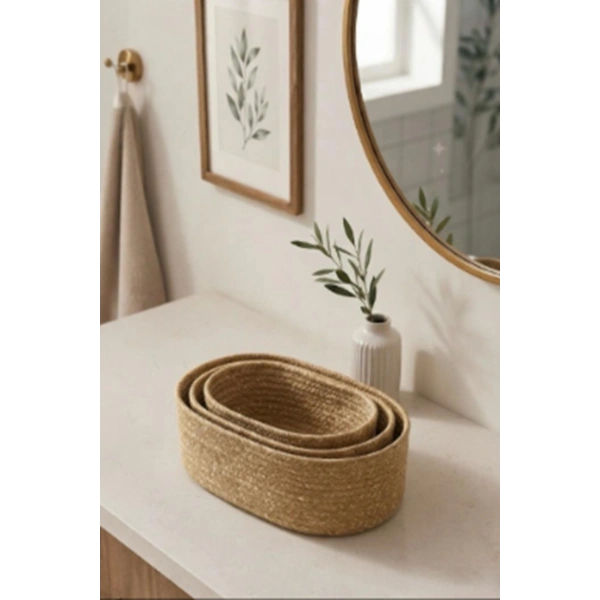 3 Lü Sepet El Dokuma Sunum Organizer Oval Jüt Hasır Sepet Seti Banyo Düzenleyicisi Takı Kutusu Dolap Düzenleme Yatak Odası