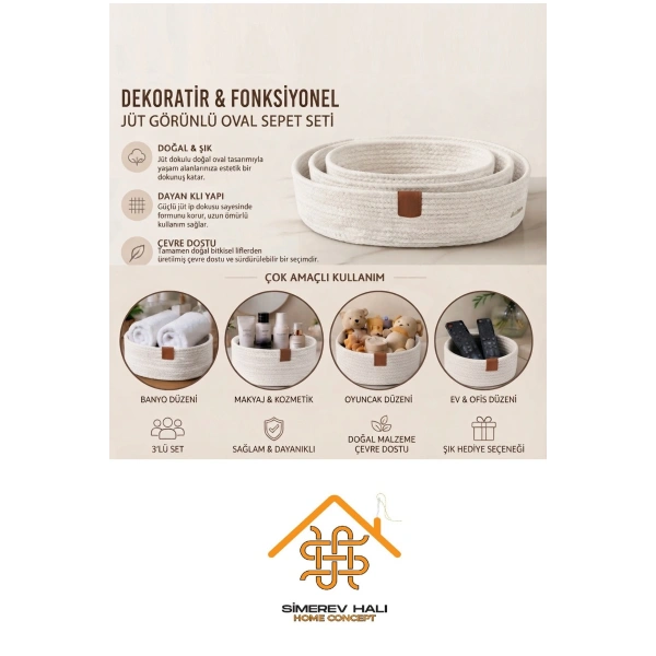 3 Lü Sepet El Dokuma Sunum Organizer Oval Jüt Hasır Sepet Seti Banyo Düzenleyicisi Takı Kutusu Dolap Düzenleme Yatak Odası