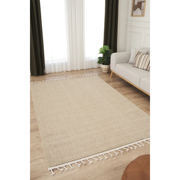 Bej Bukle Dokuma Modern Saçaklı Salon Mutfak Çocuk Yatak Oturma Odası Halısı Yolluk Kilim Halı Kahve