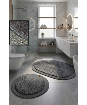 2’li Post Banyo Paspas Seti Kaymaz Taban Yıkanabilir Peluş Jüt Kenar Detaylı Oval Yuvarlak 100x60 60x60 Kilim Halı