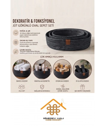 3 Lü Sepet El Dokuma Sunum Organizer Oval Jüt Hasır Sepet Seti Banyo Düzenleyicisi Takı Kutusu Dolap Düzenleme Yatak Odası
