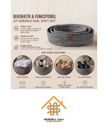 3 Lü Sepet El Dokuma Sunum Organizer Oval Jüt Hasır Sepet Seti Banyo Düzenleyicisi Takı Kutusu Dolap Düzenleme Yatak Odası