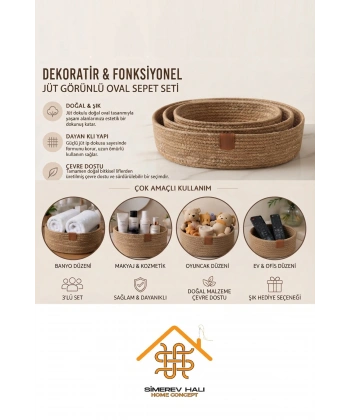 3 Lü Sepet El Dokuma Sunum Organizer Oval Jüt Hasır Sepet Seti Banyo Düzenleyicisi Takı Kutusu Dolap Düzenleme Yatak Odası