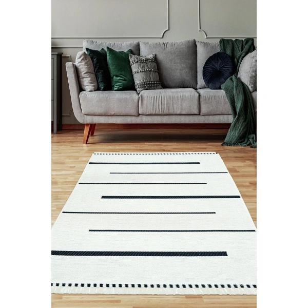 SİMEREV HALI İskandinav Kaymaz Taban Saçaklı Dokuma Örgü Yıkanabilir Salon Oturma Odası Yolluk Kilim