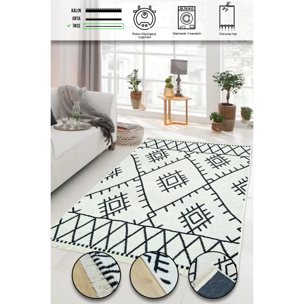 SİMEREV HALI İskandinav Kaymaz Taban Saçaklı Dokuma Örgü Yıkanabilir Salon Oturma Odası Yolluk Kilim