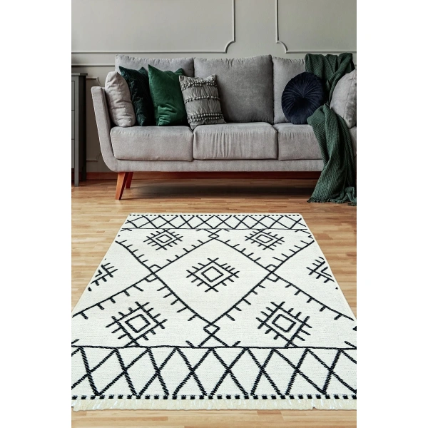 SİMEREV HALI İskandinav Kaymaz Taban Saçaklı Dokuma Örgü Yıkanabilir Salon Oturma Odası Yolluk Kilim