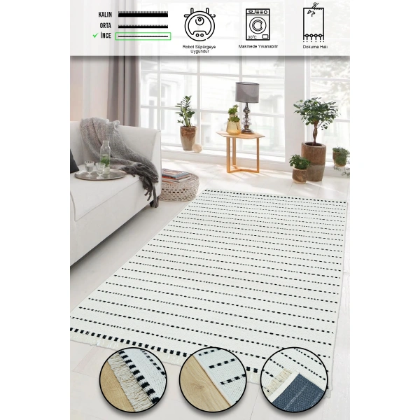 SİMEREV HALI İskandinav Kaymaz Taban Saçaklı Dokuma Örgü Yıkanabilir Salon Oturma Odası Yolluk Kilim