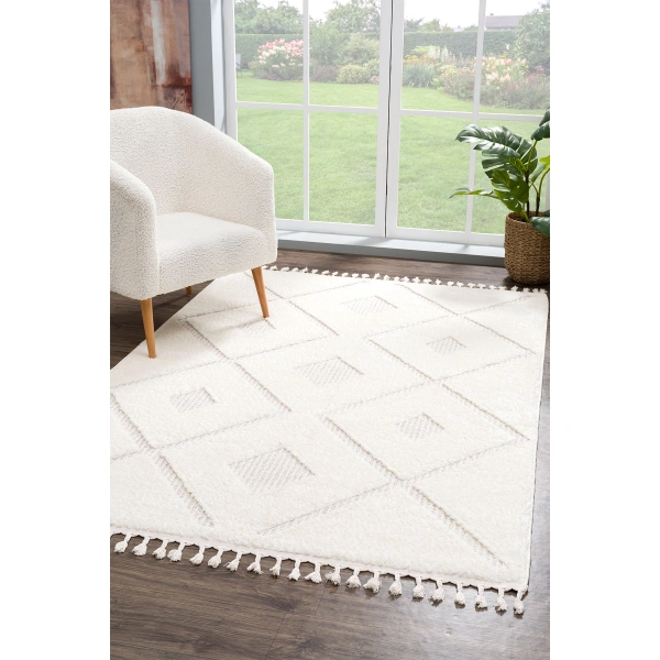 SİMEREV HALI Beyaz Bej Yumuşak Peluş Shaggy Modern Dokuma Salon Mutfak Çocuk Oturma Odası Halısı