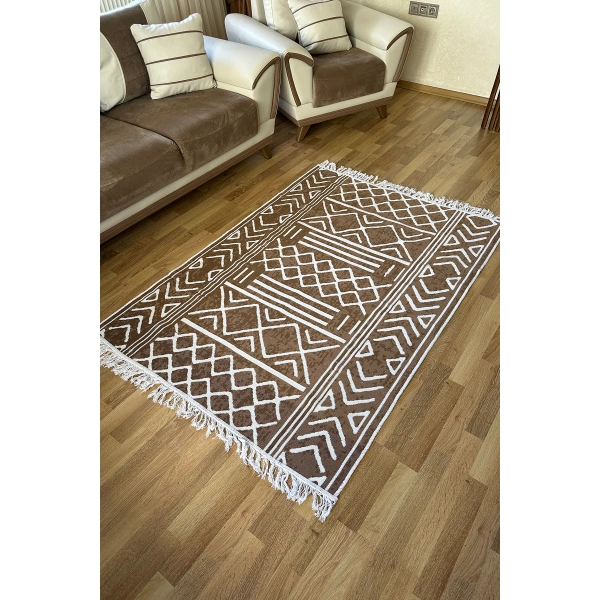 SİMEREV HALI Pamuk Dokuma Yumuşak Çift Taraflı Yıkanabilir Saçaklı Salon Mutfak Yolluk Kilim