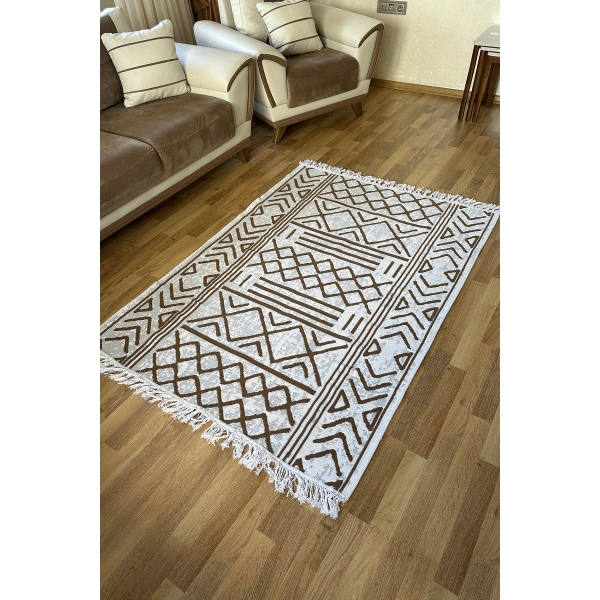 SİMEREV HALI Pamuk Dokuma Yumuşak Çift Taraflı Yıkanabilir Saçaklı Salon Mutfak Yolluk Kilim