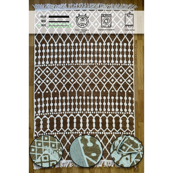 SİMEREV HALI Pamuk Dokuma Yumuşak Çift Taraflı Yıkanabilir Saçaklı Salon Mutfak Yolluk Kilim