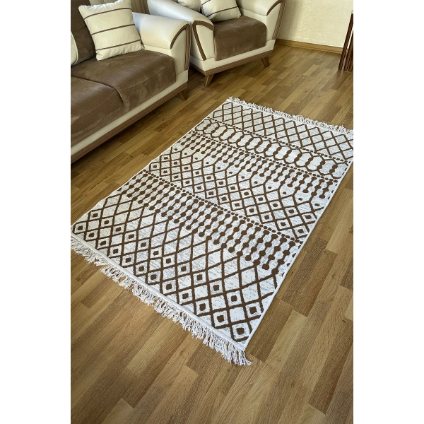 SİMEREV HALI Pamuk Dokuma Yumuşak Çift Taraflı Yıkanabilir Saçaklı Salon Mutfak Yolluk Kilim