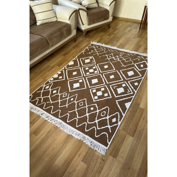 SİMEREV HALI Pamuk Dokuma Yumuşak Çift Taraflı Yıkanabilir Saçaklı Salon Mutfak Yolluk Kilim