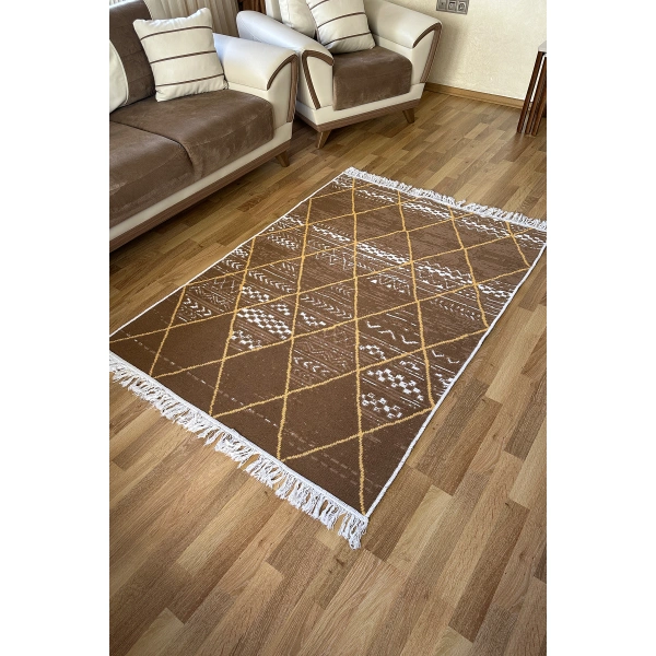 SİMEREV HALI Pamuk Dokuma Yumuşak Çift Taraflı Yıkanabilir Saçaklı Salon Mutfak Yolluk Kilim