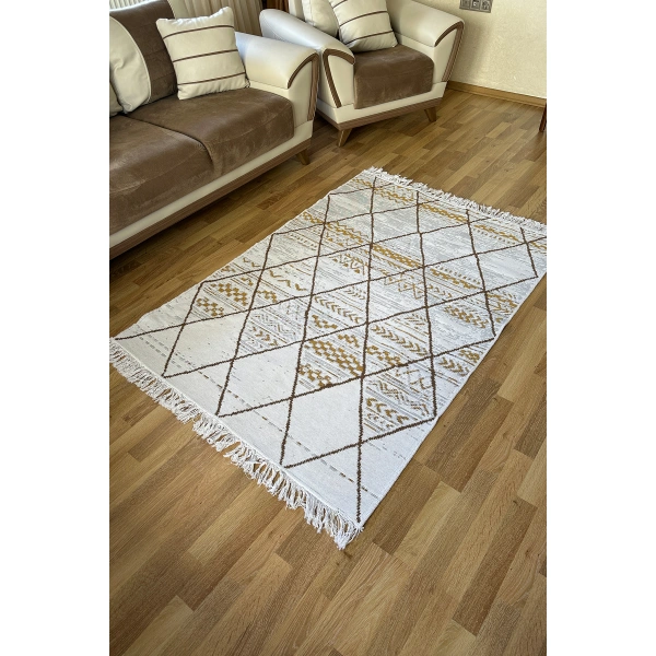 SİMEREV HALI Pamuk Dokuma Yumuşak Çift Taraflı Yıkanabilir Saçaklı Salon Mutfak Yolluk Kilim