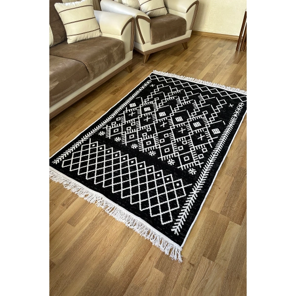 SİMEREV HALI Pamuk Dokuma Yumuşak Çift Taraflı Yıkanabilir Saçaklı Salon Mutfak Yolluk Kilim