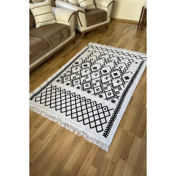 SİMEREV HALI Pamuk Dokuma Yumuşak Çift Taraflı Yıkanabilir Saçaklı Salon Mutfak Yolluk Kilim