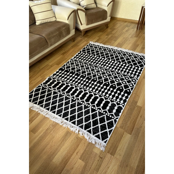 SİMEREV HALI Pamuk Dokuma Yumuşak Çift Taraflı Yıkanabilir Saçaklı Salon Mutfak Yolluk Kilim