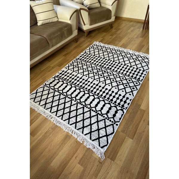 SİMEREV HALI Pamuk Dokuma Yumuşak Çift Taraflı Yıkanabilir Saçaklı Salon Mutfak Yolluk Kilim