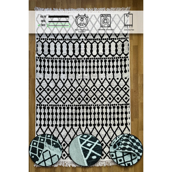 SİMEREV HALI Pamuk Dokuma Yumuşak Çift Taraflı Yıkanabilir Saçaklı Salon Mutfak Yolluk Kilim