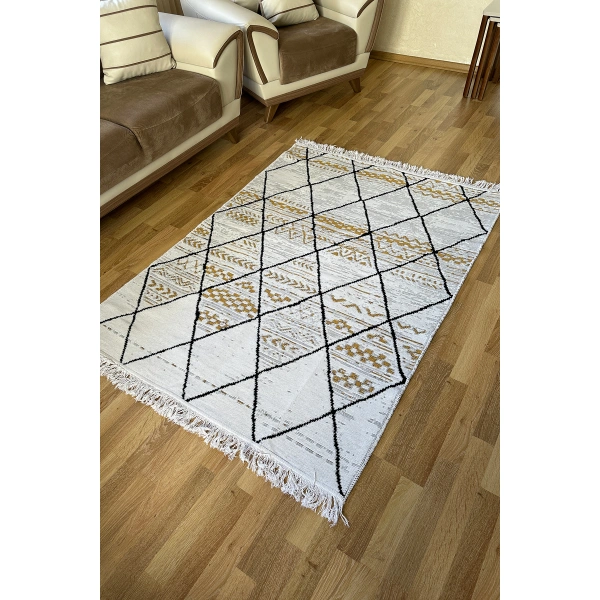 SİMEREV HALI Pamuk Dokuma Yumuşak Çift Taraflı Yıkanabilir Saçaklı Salon Mutfak Yolluk Kilim