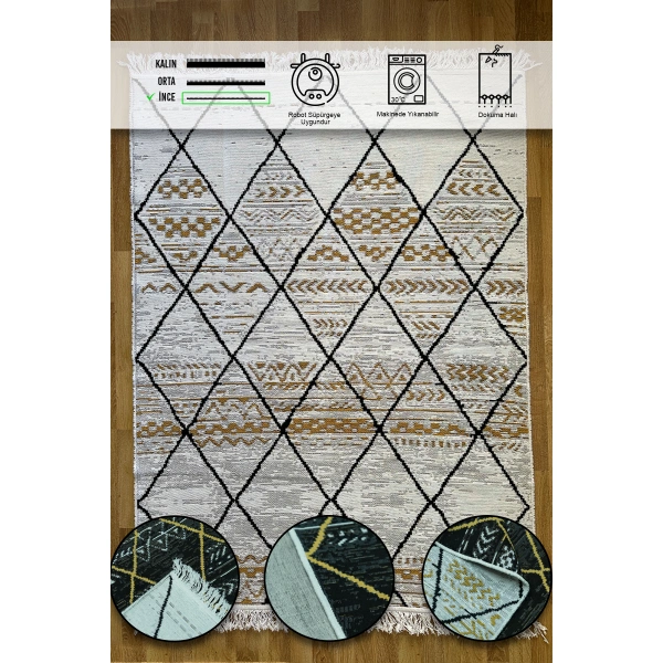 SİMEREV HALI Pamuk Dokuma Yumuşak Çift Taraflı Yıkanabilir Saçaklı Salon Mutfak Yolluk Kilim