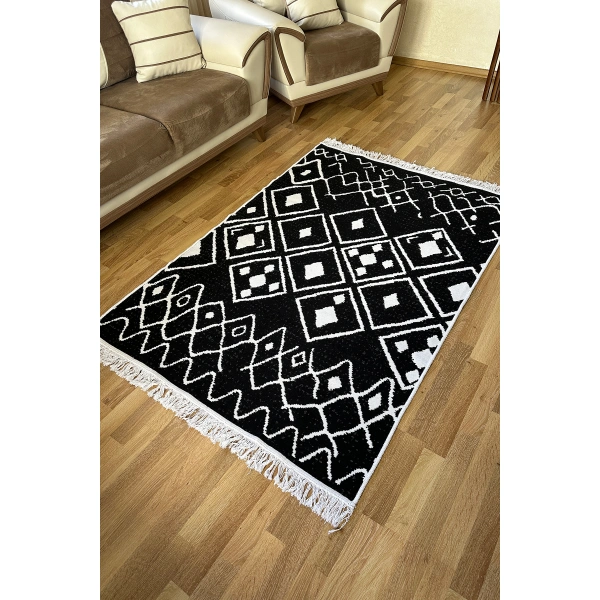 SİMEREV HALI Pamuk Dokuma Yumuşak Çift Taraflı Yıkanabilir Saçaklı Salon Mutfak Yolluk Kilim