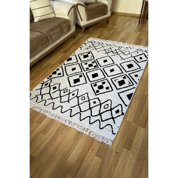 SİMEREV HALI Pamuk Dokuma Yumuşak Çift Taraflı Yıkanabilir Saçaklı Salon Mutfak Yolluk Kilim