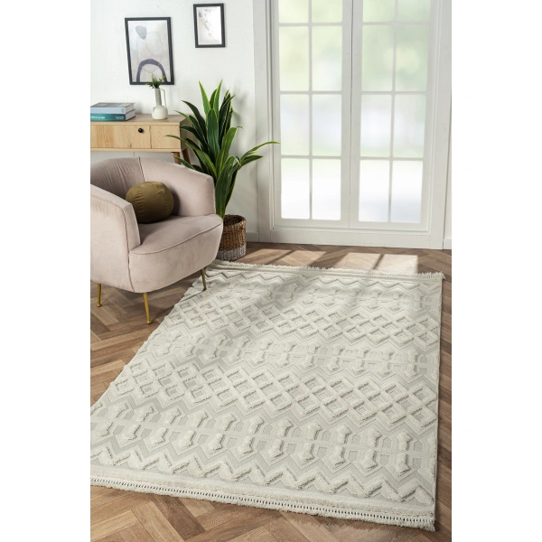 SİMEREV HALI Beyaz Krem Yumuşak Örgü Bukle Dokuma Yolluk Salon Mutfak Yatak Oturma Odası Halısı