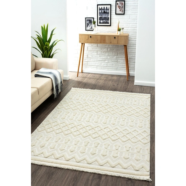 SİMEREV HALI Beyaz Krem Yumuşak Örgü Bukle Dokuma Yolluk Salon Mutfak Yatak Oturma Odası Halısı