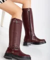 02-312 Bordo Toka Aksesuarlı Fermuarlı Günlük Kadın Çizme