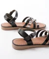 205-093 Siyah Garni Hakiki Deri Ortopedik Taban Kadın Sandalet