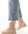 2051-298 Bej Düz Topuklu Bağcıklı Lastikli Günlük Kadın Bot