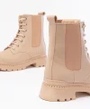 2051-298 Bej Düz Topuklu Bağcıklı Lastikli Günlük Kadın Bot