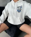3 iplik şardonlu oversize kafa baskılı sweat beyaz