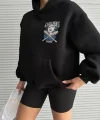 3 iplik şardonlu oversize kafa baskılı sweat siyah