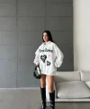 3 iplik şardonlu oversize true baskılı sweat Beyaz
