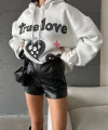 3 iplik şardonlu oversize true baskılı sweat Beyaz