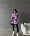 3 iplik şardonlu oversize true baskılı sweat mor