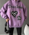 3 iplik şardonlu oversize true baskılı sweat mor