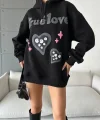 3 iplik şardonlu oversize true baskılı sweat siyah
