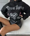 3 iplik şardonlu oversize true baskılı sweat siyah
